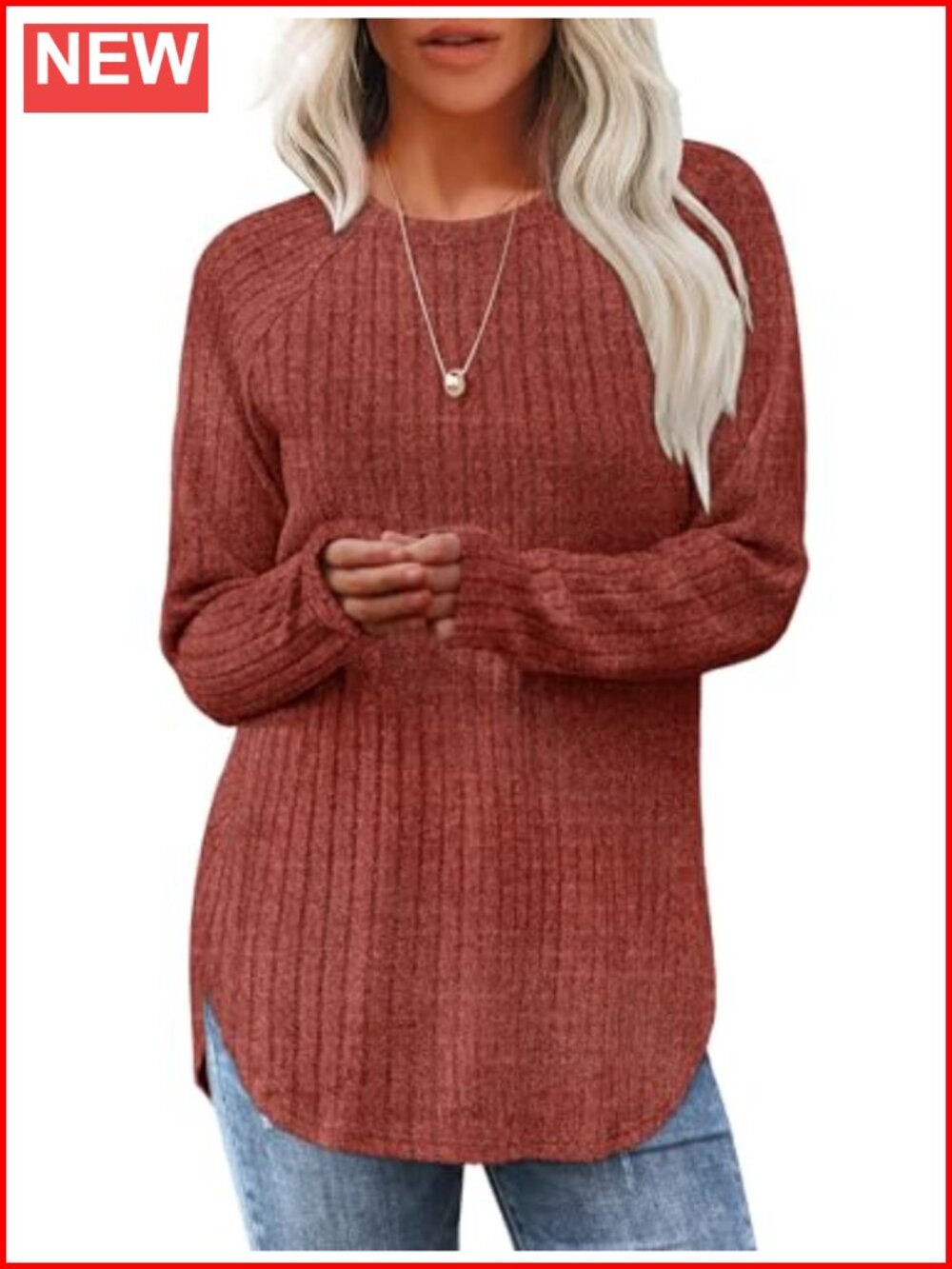 Saloogoe Long Sleeve Tunic Top Loose Fit Crewneck Curved Hem Women's Fall